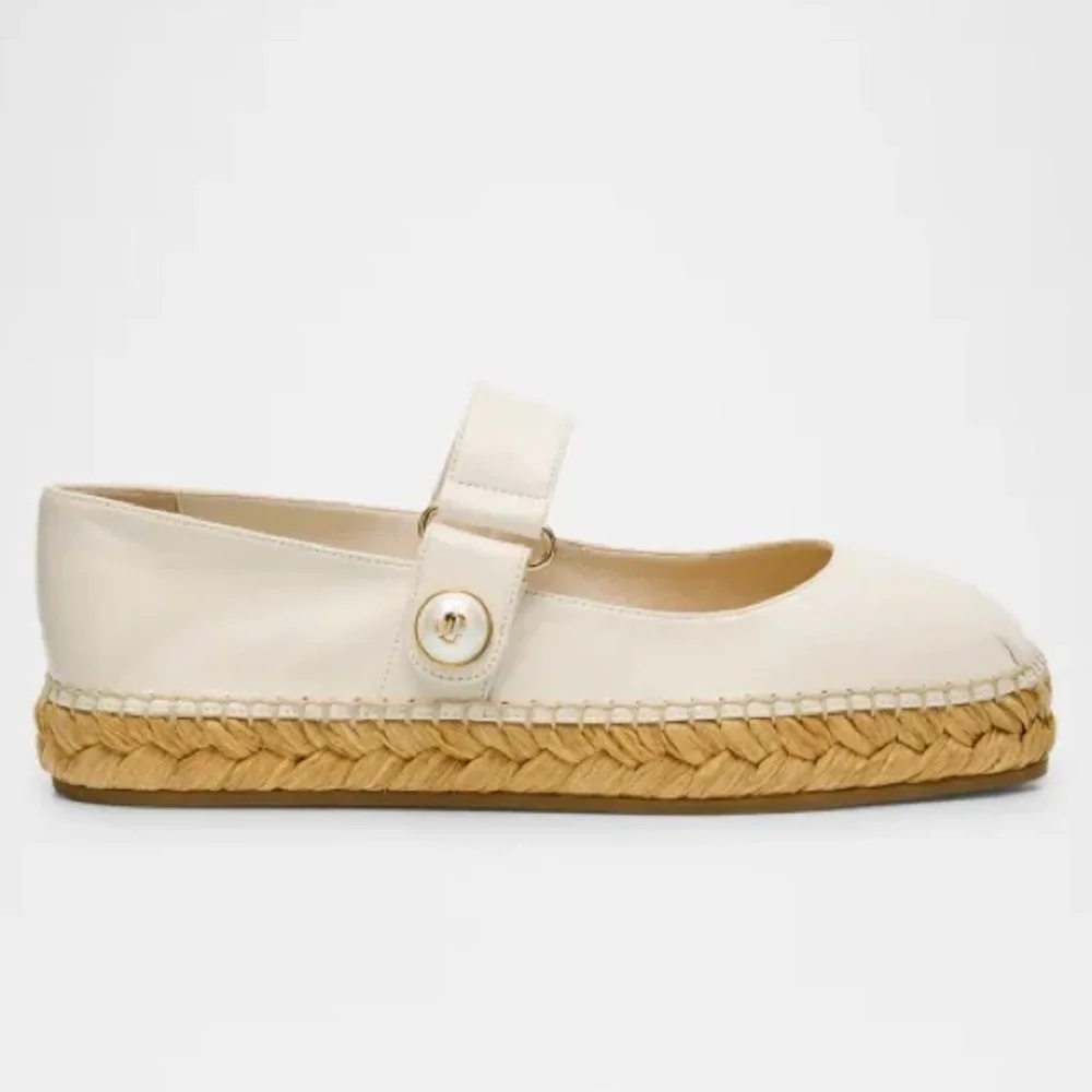 Jimmy Choo Fayence Pearl White Leather Mary Jane Ballerina Espadrilles EUC Sz 38